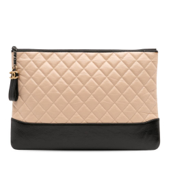 Chanel B Chanel Brown Light Beige with Black Calf Leather Large Aged skin Gabrielle O Case Clutch Italy