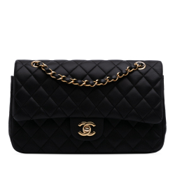 Chanel Classic Double Flap Medium Lambskin Leather Matelassè Shoulder Bag Black