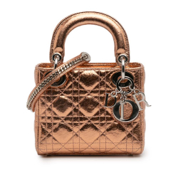 Christian Dior B Dior Brown Bronze Calf Leather Mini Metallic Crinkled skin Cannage Lady Dior Italy
