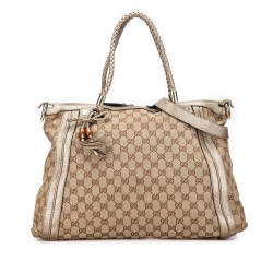 Gucci B Gucci Brown Beige Canvas Fabric GG Bella Convertible Tote Italy