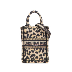 Christian Dior B Dior Brown Beige Canvas Fabric Mizza Mini Embroidered Leopard Vertical Book Tote Italy