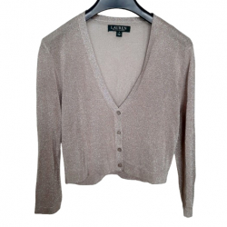 LAUREN Ralph Lauren Cardigan fin en maille taupe métallisé, neuf
