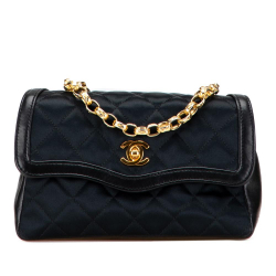 Chanel B Chanel Black Satin Fabric CC Quilted Bijoux Chain Single Flap France