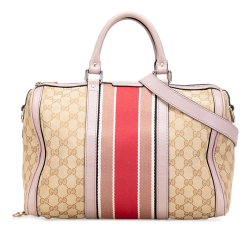 Gucci B Gucci Brown Beige Canvas Fabric Medium GG Web Joy Boston Bag Italy