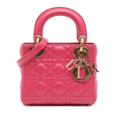 Christian Dior B Dior Pink Dark Pink Lambskin Leather Leather Mini Lambskin Cannage Lady Dior Italy