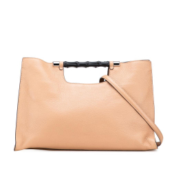 Gucci B Gucci Brown Caramel Calf Leather Medium skin Bamboo Daily Shopper Satchel Italy
