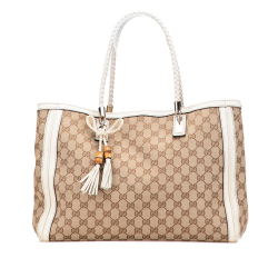 Gucci B Gucci Brown with White Canvas Fabric Medium GG Bella Tote Italy