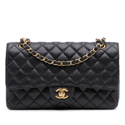 Chanel Classic Double Flap Medium Caviar Leather Matelassè Shoulder Bag Black