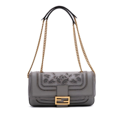Fendi B Fendi Gray Calf Leather Embroidered Lace Baguette Chain Italy