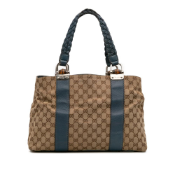 Gucci B Gucci Brown Beige Canvas Fabric GG Bamboo Libeccio Tote Italy