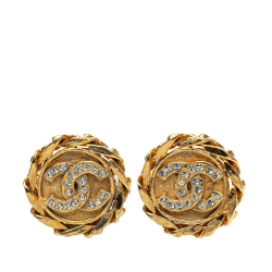 Chanel B Chanel Gold Gold Plated Metal CC Crystal Clip On Earrings France