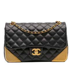 Chanel B Chanel Black with Gold Calf Leather Quilted skin Rock The Corner Flap Italy