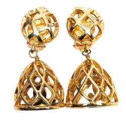Chanel B Chanel Gold Gold Plated Metal CC Bird Cage Drop Clip On Earrings France