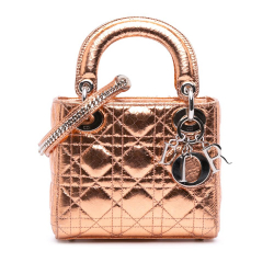 Christian Dior B Dior Brown Bronze Calf Leather Mini Metallic Crinkled skin Cannage Lady Dior Italy
