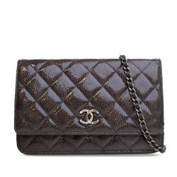 Chanel B Chanel Brown Dark Brown Calf Leather CC Quilted Shiny Crumpled skin Wallet on Chain Italy