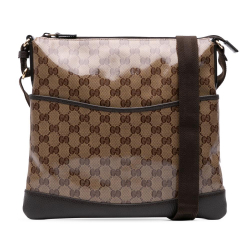 Gucci B Gucci Brown Beige Coated Canvas Fabric GG Crystal Flat Messenger Bag Italy
