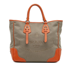 Prada B Prada Brown Beige with Orange Canvas Fabric Canapa Logo Convertible Tote Italy