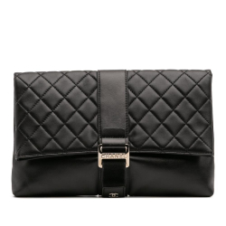 Chanel AB Chanel Black Lambskin Leather Leather CC Quilted Lambskin Grip Clutch Italy