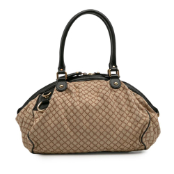 Gucci B Gucci Brown Beige with Black Canvas Fabric Diamante Sukey Satchel Italy