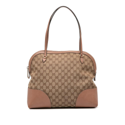 Gucci B Gucci Brown Beige with Pink Canvas Fabric Medium GG Bree Dome Tote Italy