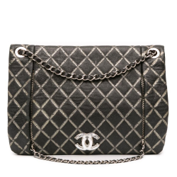 Chanel B Chanel Black Lambskin Leather Leather Quilted Metallic Distressed Lambskin CC Crystal Flap Italy