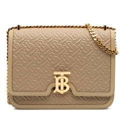 Burberry AB Burberry Brown Beige Calf Leather Medium TB Monogram Embossed skin Chain Crossbody Italy