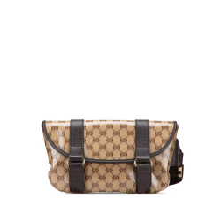 Gucci B Gucci Brown Beige Coated Canvas Fabric GG Crystal Belt Bag Italy