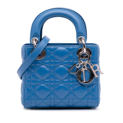 Christian Dior B Dior Blue Light Blue Lambskin Leather Leather Mini Lambskin Cannage Lady Dior Italy