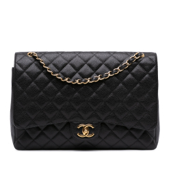 Chanel Classic Double Flap Maxi Caviar Leather Quilted Shoulder Bag Black