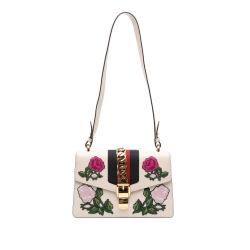 Gucci B Gucci White Calf Leather Small Floral Embroidered Sylvie Satchel Italy