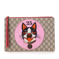 Gucci AB Gucci Brown Beige Coated Canvas Fabric GG Supreme Bosco Clutch Italy