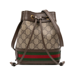 Gucci B Gucci Brown Beige Coated Canvas Fabric Mini GG Supreme Web Ophidia Bucket Bag Italy