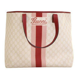 Gucci B Gucci White Ivory Coated Canvas Fabric Large GG Supreme Logo Web Joy Tote Italy