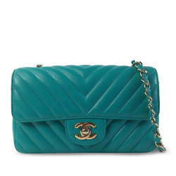 Chanel Classic Single Flap Mini Lambskin Leather Chevron Shoulder Bag Green