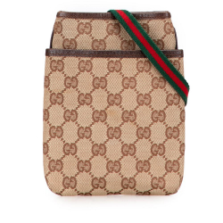 Gucci B Gucci Brown Beige Canvas Fabric GG Web Crossbody Italy