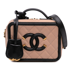 Chanel B Chanel Brown Nude with Black Caviar Leather Leather Small Caviar CC Filigree Vanity Case Italy