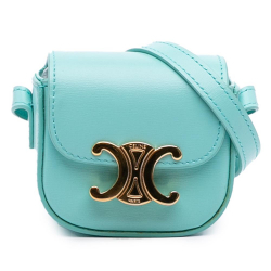 Celine B Celine Blue Turquoise Calf Leather Triomphe AirPods Case with Strap Italy