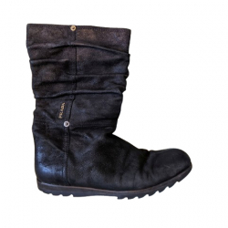 Prada Black leather flat boots, used look 39