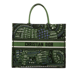Christian Dior B Dior Green Canvas Fabric Large Embroidered Elephant Book Tote Italy