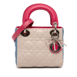 Christian Dior B Dior Brown Light Beige Lambskin Leather Leather Mini Tricolor Lambskin Cannage Lady Dior Italy