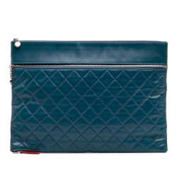 Chanel B Chanel Blue Peacock Lambskin Leather Leather CC Quilted Lambskin Multi Zip Clutch Italy