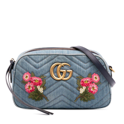 Gucci B Gucci Blue Denim Denim Fabric Small GG Marmont Embroidered Matelasse Crossbody Italy