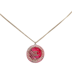 Chanel AB Chanel Gold with Pink Gold Plated Metal Resin CC Round Pendant Necklace France