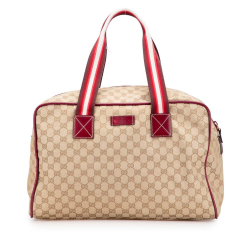 Gucci B Gucci Brown Beige Canvas Fabric GG Web Travel Bag Italy