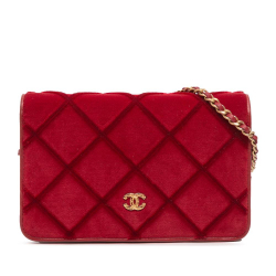 Chanel B Chanel Red Velvet Fabric CC Quilted Wallet on Chain Italy