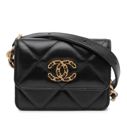 Chanel AB Chanel Black Lambskin Leather Leather Quilted Lambskin 19 Flap Coin Purse With Chain Italy