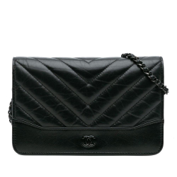 Chanel B Chanel Black Calf Leather Chevron Aged skin Gabrielle Wallet On Chain Italy