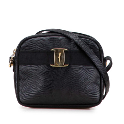 Ferragamo B Ferragamo Black Calf Leather Embossed Lizard Vara Crossbody Italy
