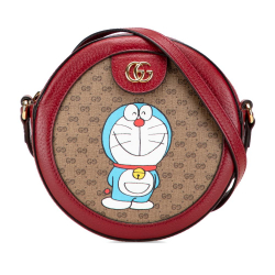 Gucci B Gucci Brown Beige with Red Coated Canvas Fabric Micro GG Supreme Doraemon Round Crossbody Italy