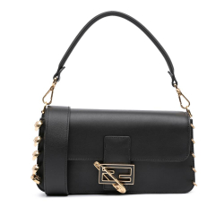 Fendi AB Fendi Black Calf Leather Versace Vitello Seta Fendace Brooch Baguette Satchel Italy
